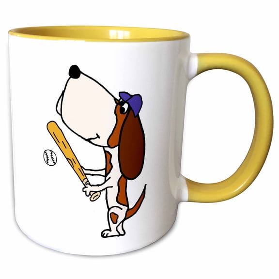 3drose, Cute Funny Basset Hound Playing Baseball or Softball Cartoon, 11oz Two-tone Yellow Mug