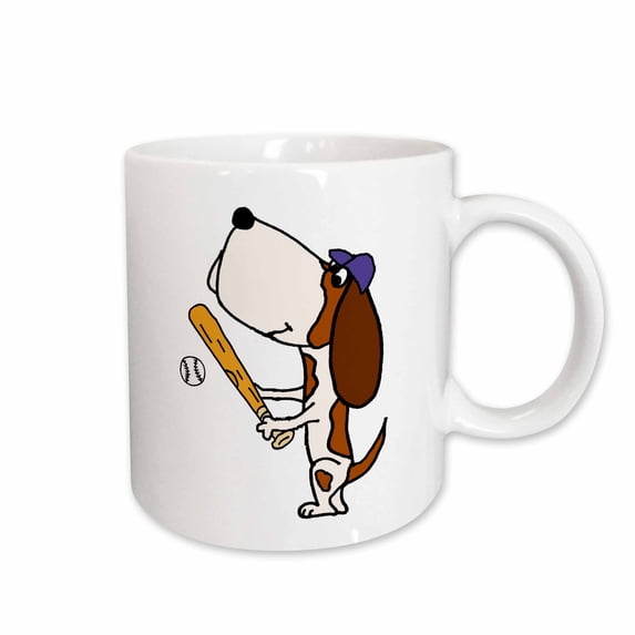 3drose, Cute Funny Basset Hound Playing Baseball or Softball Cartoon, 15oz Mug