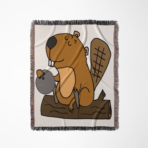 Cute Funny Beaver Bowling Cartoon, Woven Blanket