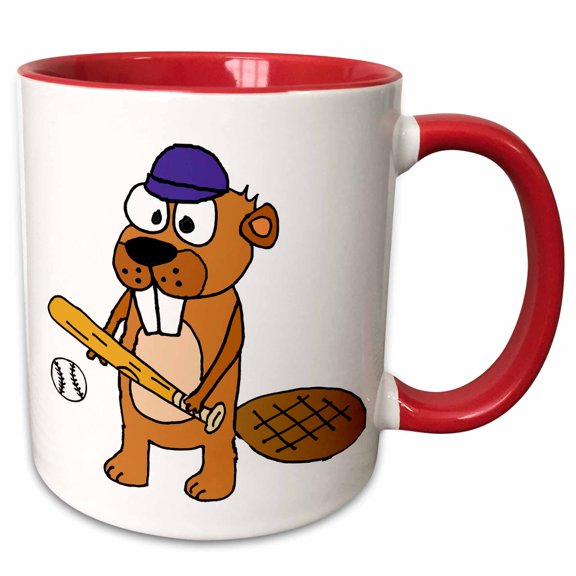 3drose, Cute Funny Beaver Playing Baseball or Softball Cartoon, 11oz Two-tone Red Mug