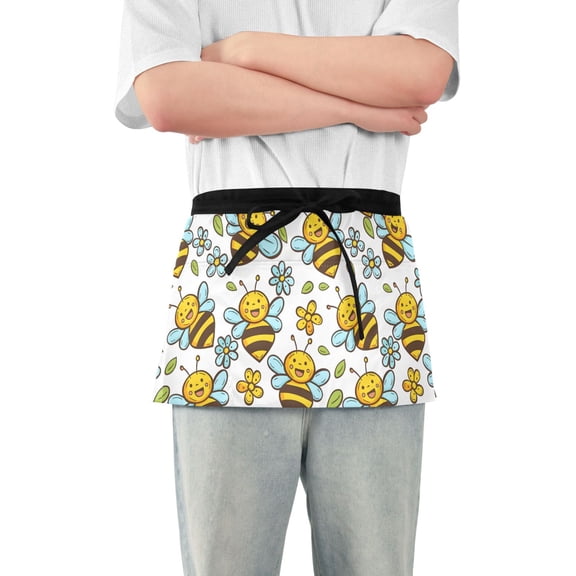 Cute Funny Bee Server Apron with 3 Pockets Waterproof Waitress Waist Short Apron for Man Woman 12 Inches