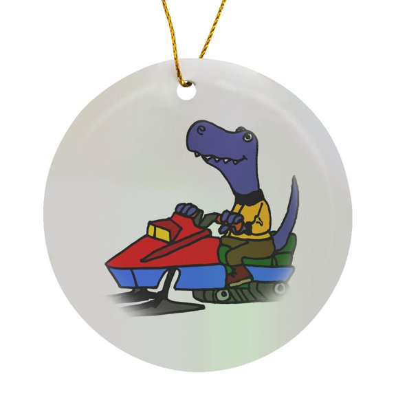3drose, Cute Funny Blue T-rex Dinosaur Driving Snowmobile Cartoon, Circle Porcelain Ornament