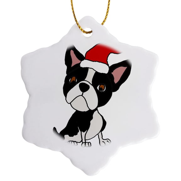 3drose, Cute Funny Boston Terrier Dog in Santa Hat Christmas Art, 3 inch Snowflake Porcelain Ornament