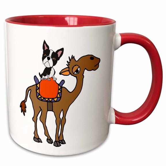 3drose, Cute Funny Boston Terrier Dog Riding Camel Cartoon, 11oz Two-tone Red Mug