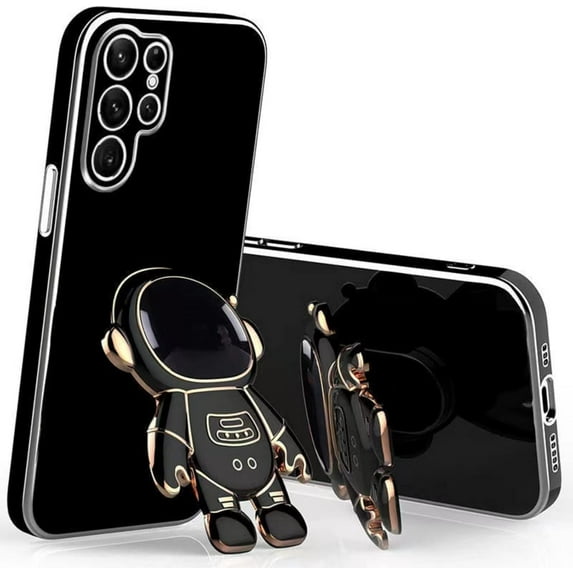 Cute Funny Cartoon Astronaut Phone Case with Creative Foldable Stand for Samsung Galaxy F42 F04 F23 F22 F13 F12 5G 4G Full-Body Protective Sleek TPU Cover(Black,F13 4G)