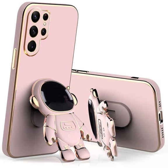 Cute Funny Cartoon Astronaut Phone Case with Creative Foldable Stand for Samsung Galaxy Note 20 10 9 8 Ultra Pro Plus Full-Body Protective Sleek TPU Cover(Pink,Note 20)