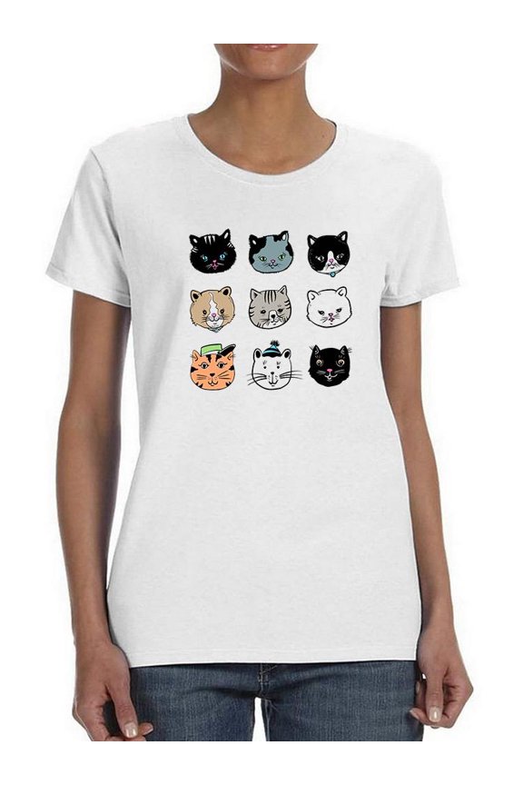 Cute Funny Cat Faces Shaped T-Shirt Women -Image by Shutterstock, Female Large