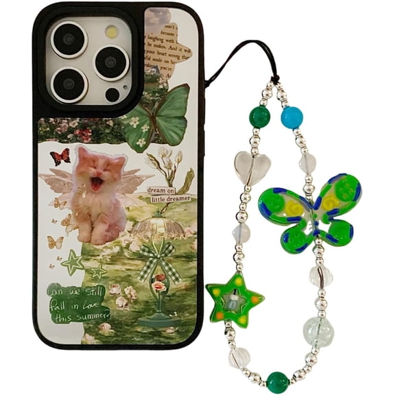 Cute Funny Cat Green Butterfly Y2K Retro Case with Charm for iPhone 12/12 Pro,Trendy Stylish Aesthetic Bow Collage Girly Slim Protective Cover+Heart Beaded Chain(i12/12pro 6.1")