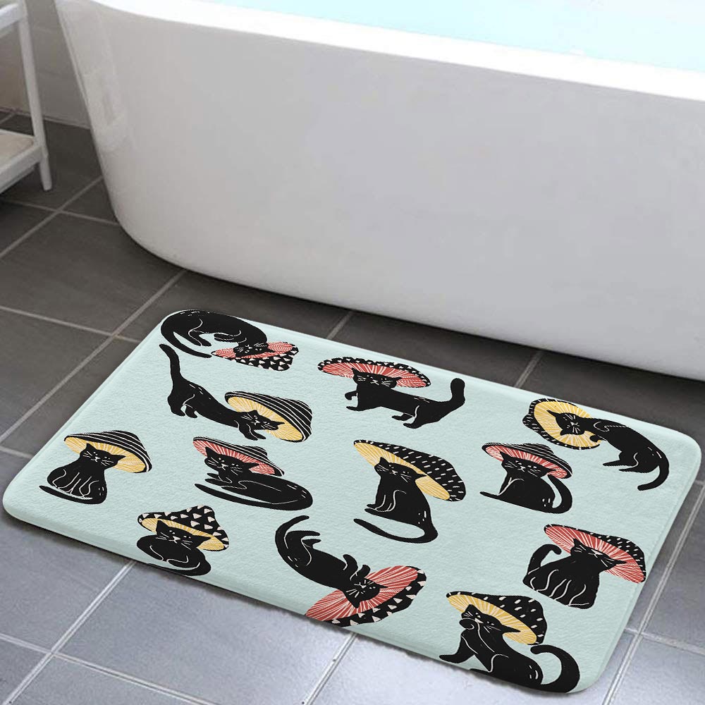 Cute Funny Cat Mushroom Bath Mat for Bathroom, Aesthetic Unique Fun Hilarious Blue Floor Rugs