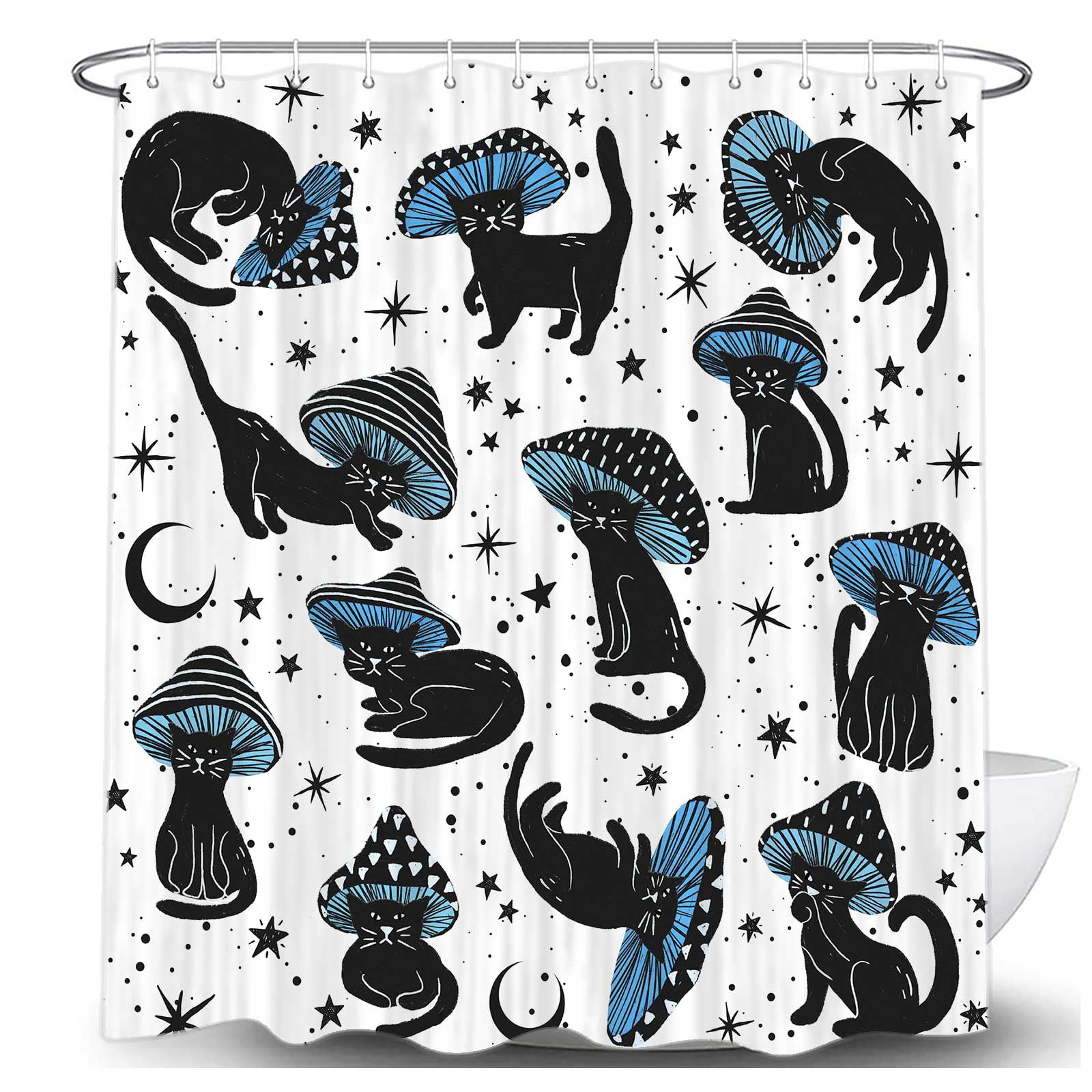 Funny Mushroom Cat Shower Curtain - Colorful Hippie Design, 60x70 Inches, Polyester Fabric With 12 Hooks