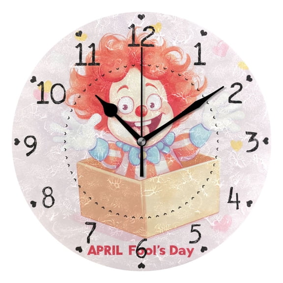 Cute Funny Clown April Fools Day Round Wall Clock Silent Analog Battery Operated Black Pointer Home Decor 9.84" Diameter
