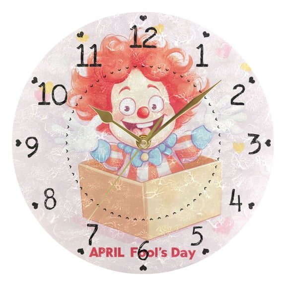 Cute Funny Clown April Fools Day Round Wall Clock Silent Analog Battery Operated Gold Pointer Home Decor 9.84" Diameter