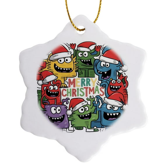 3drose, Cute Funny Colorful Monsters in Santa Hats Merry Christmas Abstract, 3 inch Snowflake Porcelain Ornament