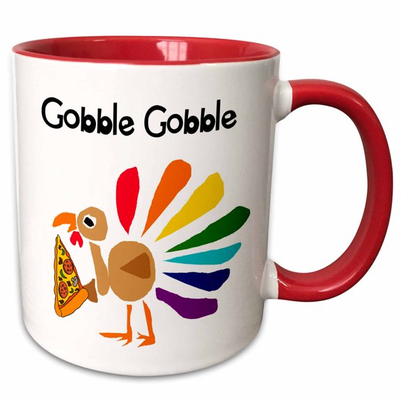 3drose, Cute Funny Colorful Turkey Eating Pizza Says Gobble Gobble, 15oz Two-tone Red Mug