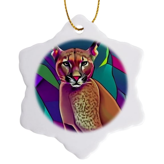 3drose, Cute Funny Cool Colorful Cougar or Moutnain Lion Cubism Art, 3 inch Snowflake Porcelain Ornament