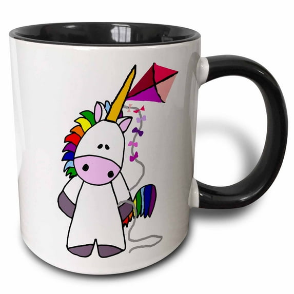 3drose, Cute Funny Cool White Unicorn Flying Kite Cartoon, 11oz Two-tone Black Mug