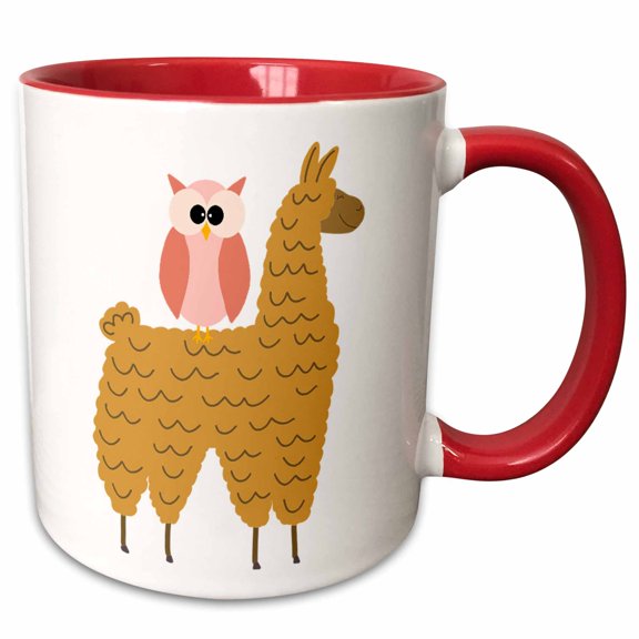 3drose, Cute Funny Creative Pink Owl Riding a Llama, 11oz Two-tone Red Mug