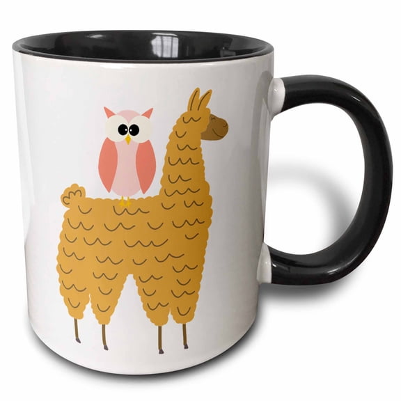 3drose, Cute Funny Creative Pink Owl Riding a Llama, 15oz Two-tone Black Mug