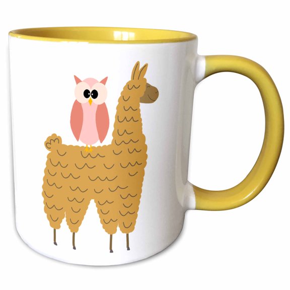 3drose, Cute Funny Creative Pink Owl Riding a Llama, 15oz Two-tone Yellow Mug