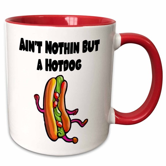 3drose, Cute Funny Dancing Hotdog Aint Nothing but a Hot Dog Pun, 11oz Two-tone Red Mug