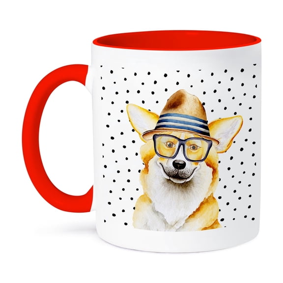 3dRose, Cute Funny Dog Illustration on Polkadots- Welsh Corgi Pembroke, 15oz Two-Tone Red Mug