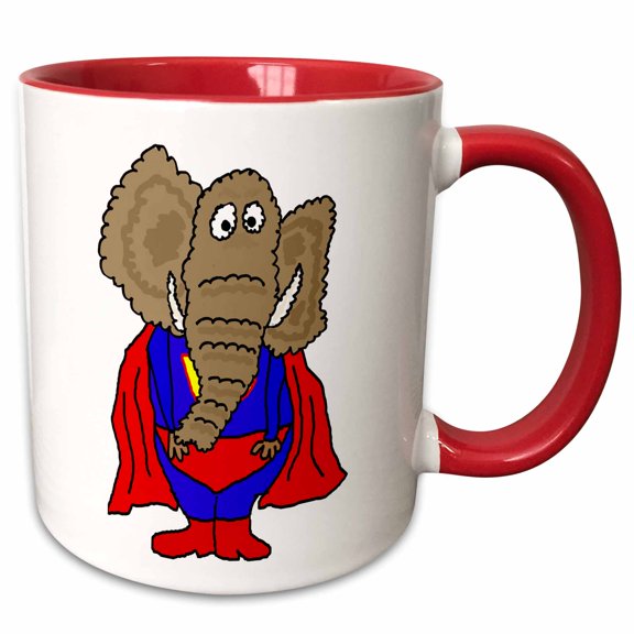 3drose, Cute Funny Elephant Superhero with Red Cape Cartoon, 11oz Two-tone Red Mug