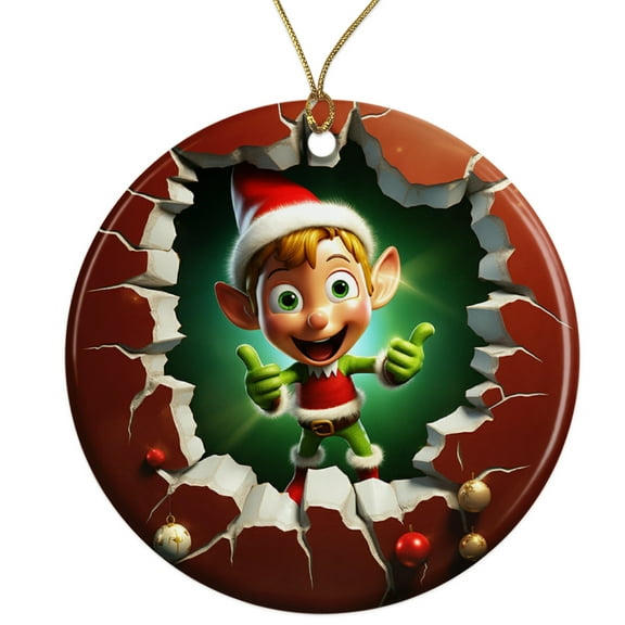 Cute Funny Elf Cartoon Ceramic Ornament - Breakthrough 3D Effect Burst Illusion Kids Ornament - 3 Inch Christmas Tree Round Ornament - Xmas Holiday Decor - String Included - ORNW0059