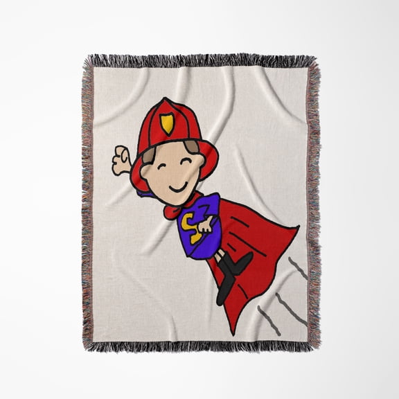 Cute Funny Fireman Flying Superhero Cartoon Firefighters, Woven Blanket