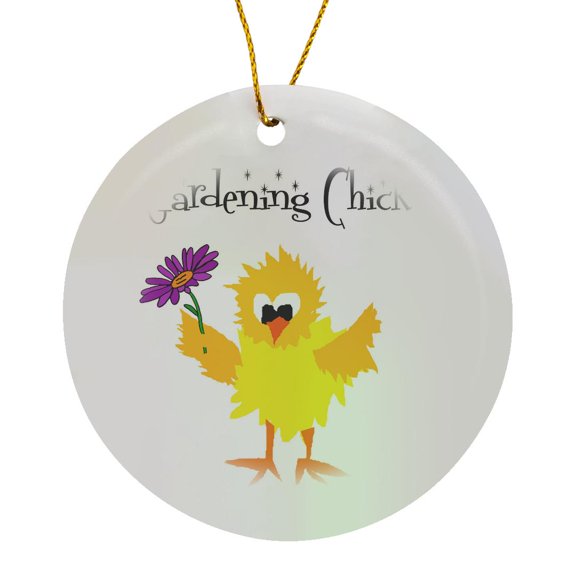 3drose, Cute Funny Gardening Chick Chicken with Daisy Flower Cartoon, Circle Porcelain Ornament