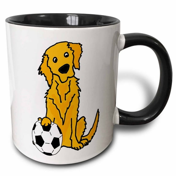 3drose, Cute Funny Golden Retriever Puppy Dog Playing Soccer, 11oz Two-tone Black Mug