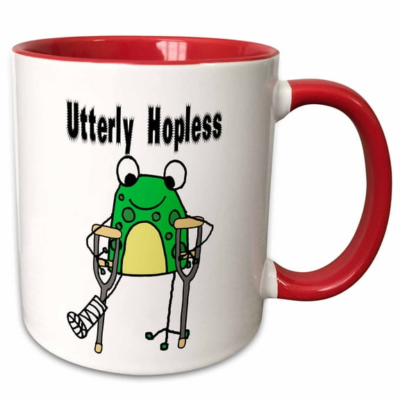 3drose, Cute Funny Green Frog on Crutches Utterly Hopless Pun Cartoon, 15oz Two-tone Red Mug