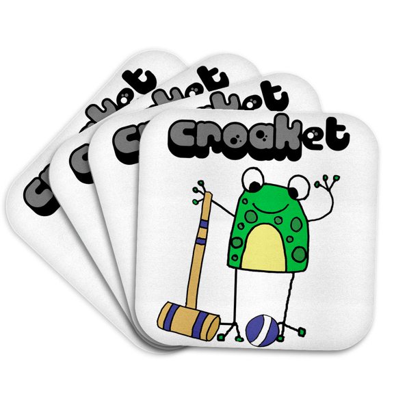 3drose, Cute Funny Green Frog Playing Croquet Sports Pun, Set of 4 Coasters - Soft