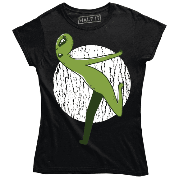 Cute Funny Green Space Alien Running With Moon Women's T-Shirt