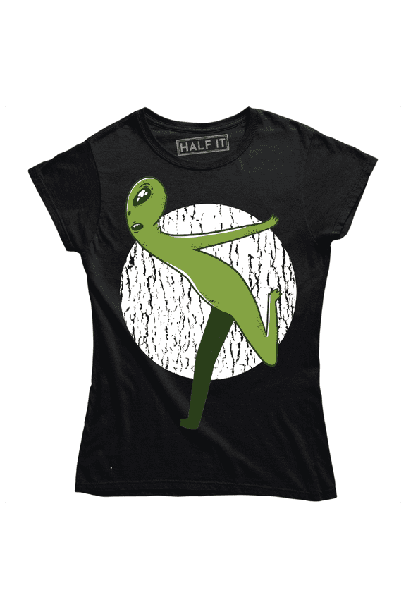 Cute Funny Green Space Alien Running With Moon Women's T-Shirt