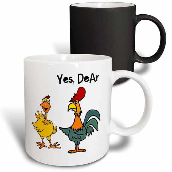 3drose, Cute Funny Hen Pecked Rooster Chicken Saying Yes Dear to Hen, 11oz Magic Transforming Mug