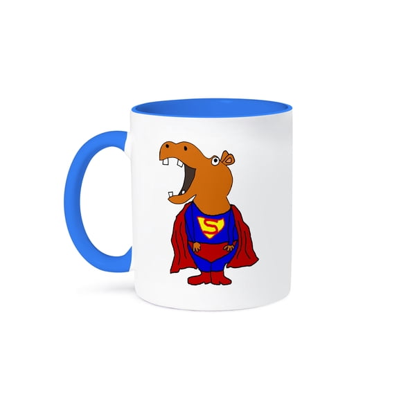 3drose, Cute Funny Hippo Superhero with Red Cape Cartoon, 11oz Two-tone Blue Mug