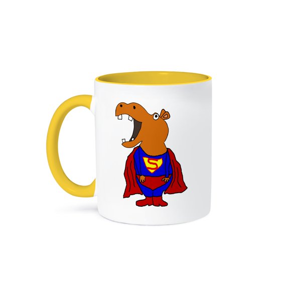 3drose, Cute Funny Hippo Superhero with Red Cape Cartoon, 15oz Two-tone Yellow Mug