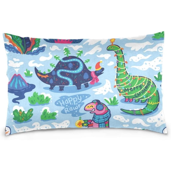 Cute Funny Holiday Dinosaurs Velvet Oblong Lumbar Plush Throw Pillow Cover/Shams Cushion Case 16x24in Decorative Invisible Zipper Design for Couch Sofa Pillowcase Only