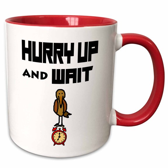 3drose, Cute Funny Hurry up and Wait Early Bird on Alarm Clock Cartoon, 15oz Two-tone Red Mug