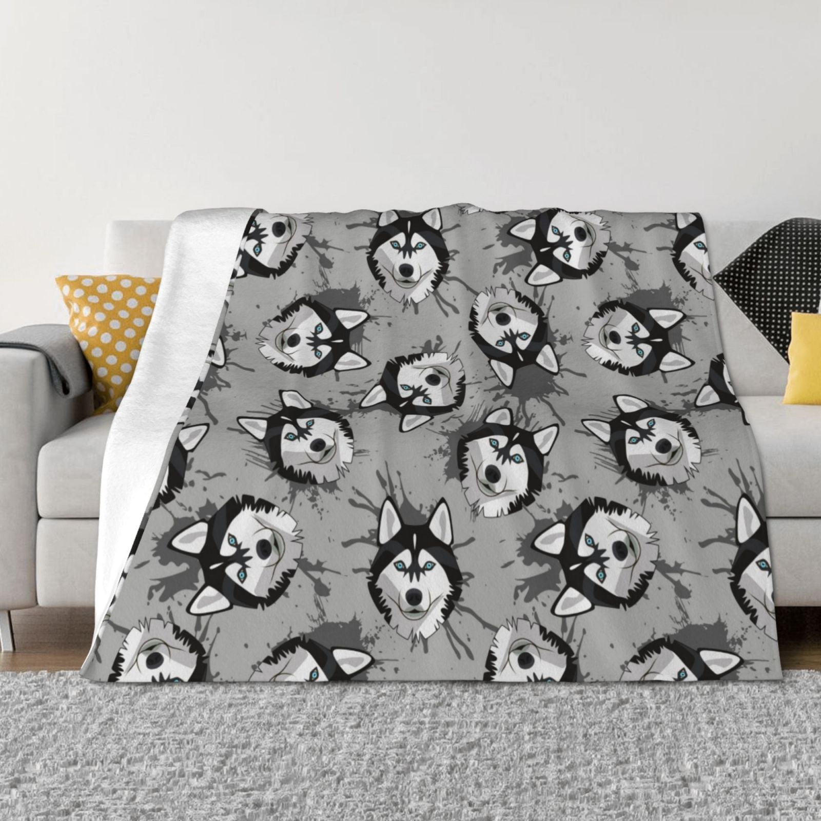 Cute Funny Husky Gray Throw Blanket for Couch, Soft Comfy Warm Plush