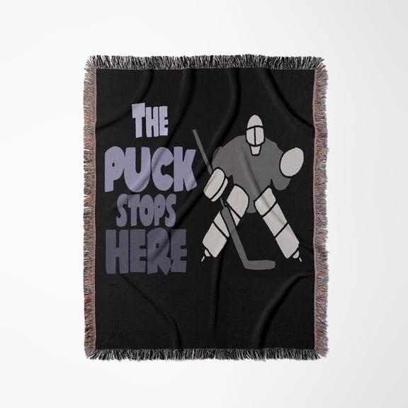 Cute Funny Ice Hockey Goalie Says The Puck Stops Here Sports Pun, Woven Blanket