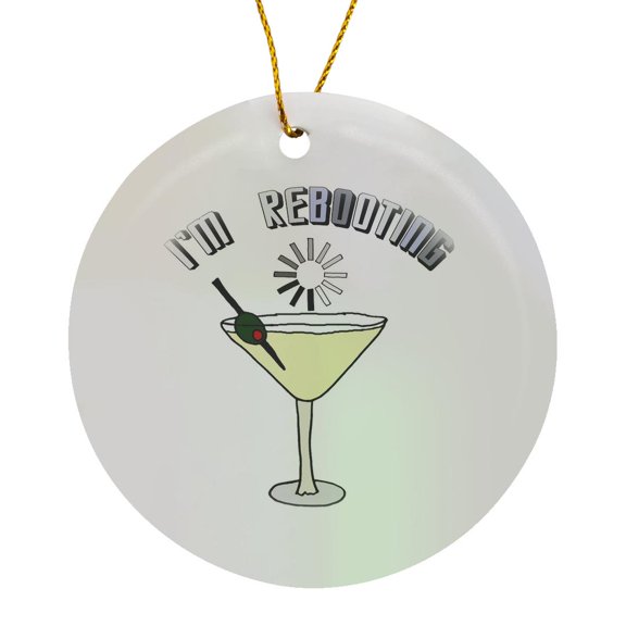 3drose, Cute Funny Im Rebooting Martini Glass and Computer Waiting Symbol, Circle Porcelain Ornament