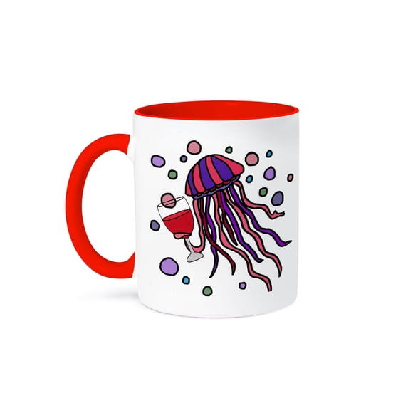 3dRose, Cute Funny Jellyfish Drinking Red Wine Art Cartoon, 15oz Two-Tone Red Mug