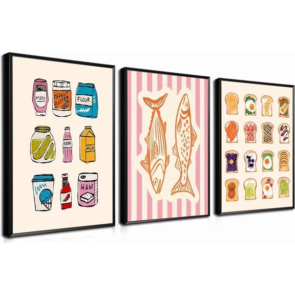 Cute Funny Kitchen Wall Art, Fashion Breakfast Food Avocado Toast Canvas Prints Poster, Vintage Simple Sardines Watercolor Picture for Dining Room Kids Room Wall Decor（Only canvas）