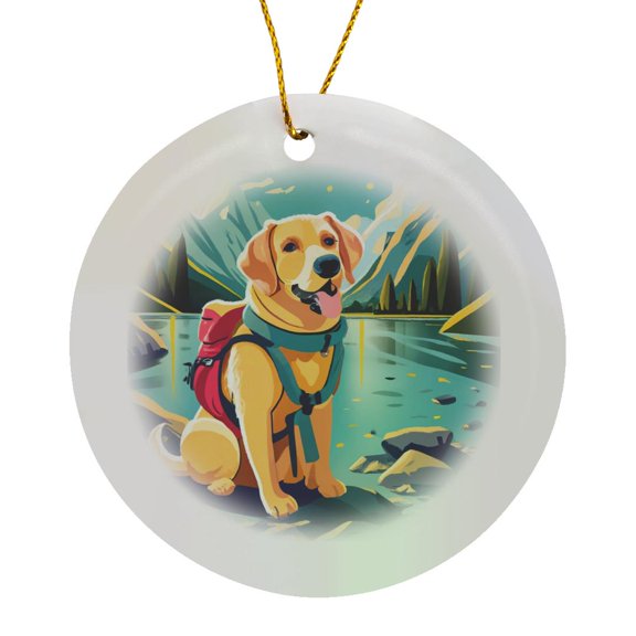 3drose, Cute Funny Labrador Retriever Dog Hiking for Hikers and Campers, Circle Porcelain Ornament