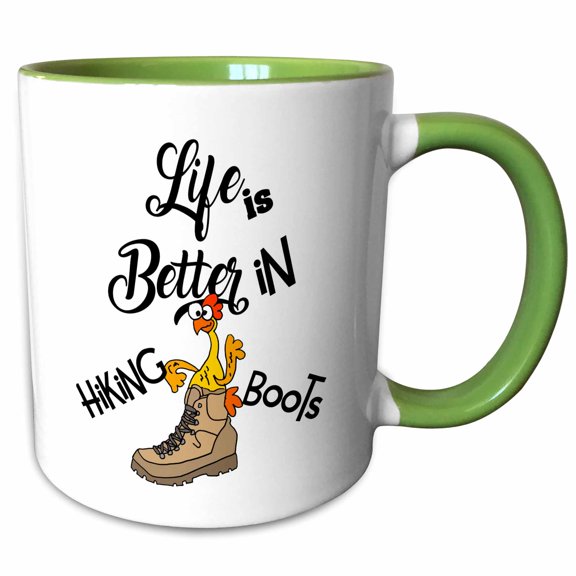 3drose, Cute Funny Life Is Better in Hiking Boots with Rubber Chicken in Boot, 11oz Two-tone Green Mug