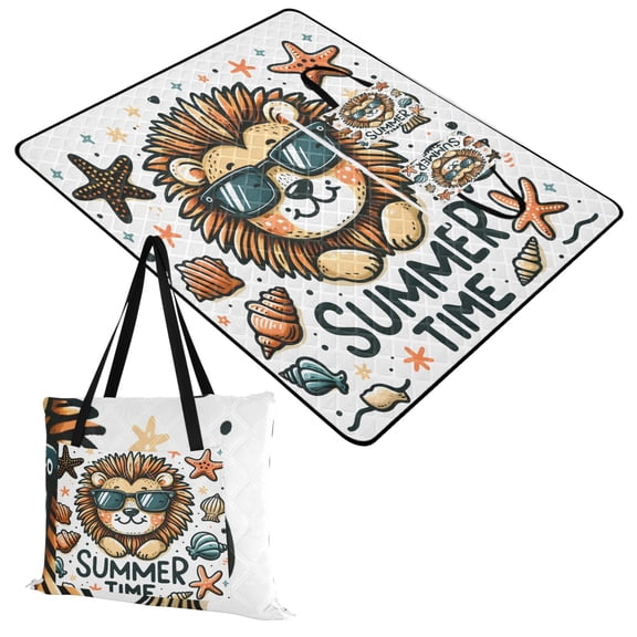 Cute Funny Lion with Sunglasses Extra Large Picnic Beach Blanket Waterproof Sand Proof Portable Outdoor Mat 60x80
