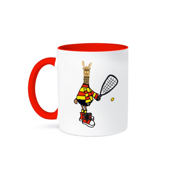 3drose, Cute Funny Llama Playing Racquetball Sport Cartoon, 15oz Two-tone Red Mug
