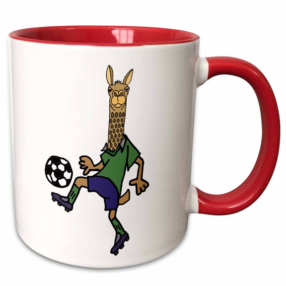 3drose, Cute Funny Llama Playing Soccer Action Cartoon, 11oz Two-tone Red Mug