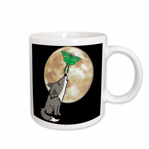 3drose, Cute Funny Luna Moth on Wolf Nose with Full Moon Nature Art, 11oz Mug